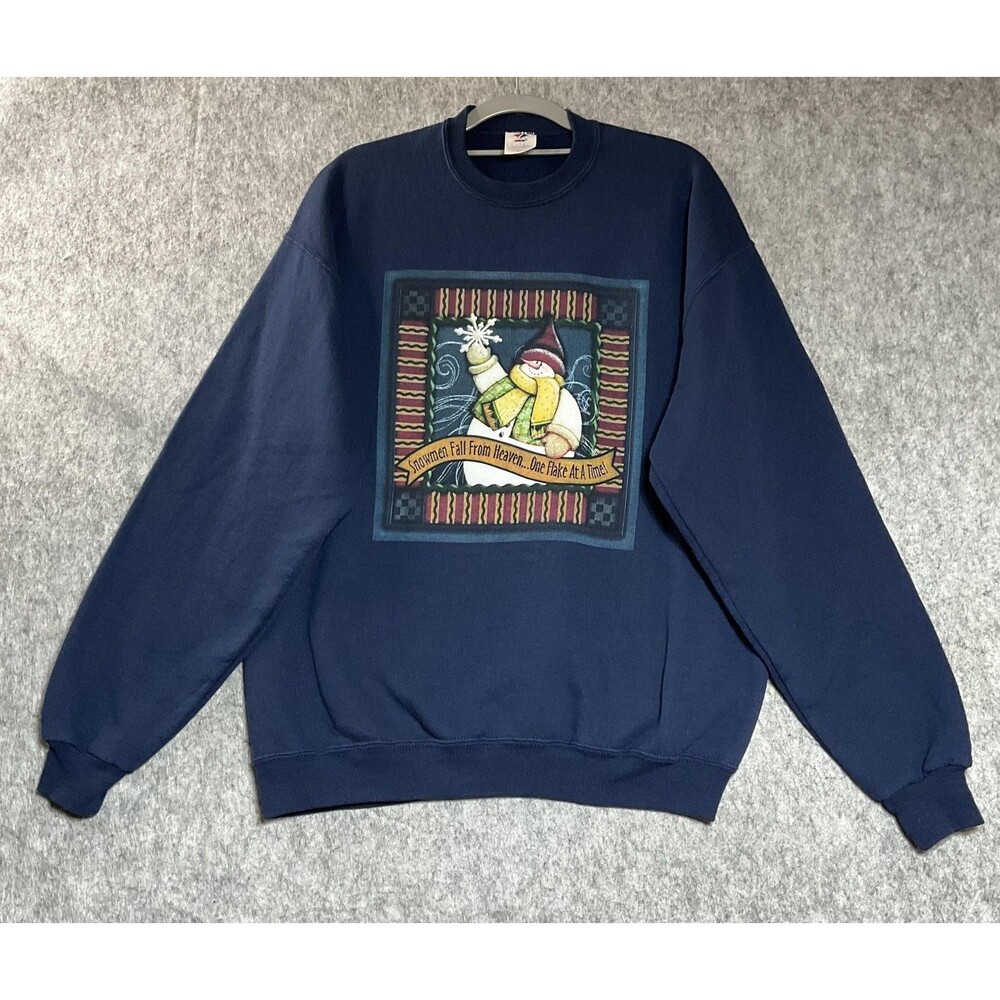 Jerzees Sweatshirt Womens Large Blue Snowman Christmas Holiday Fleece Graphic